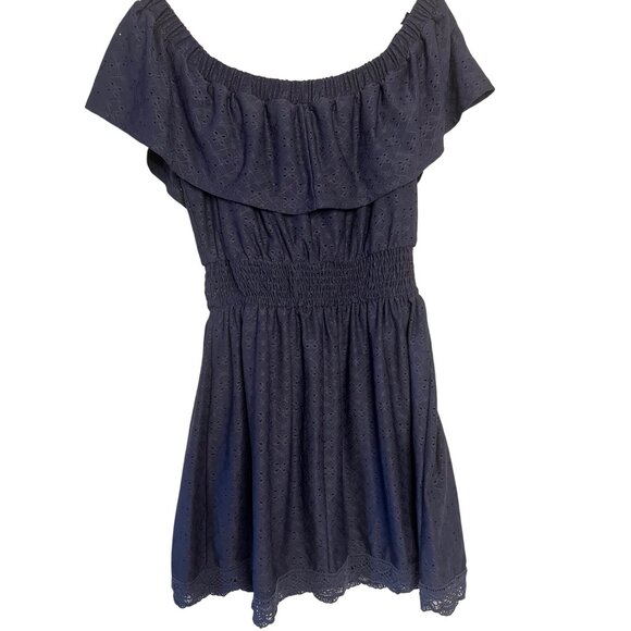 Navy Off-Shoulder Smocked Mini Dress Eyelet Design Ruffled Neckline Lace Hem  M - Picture 2 of 16